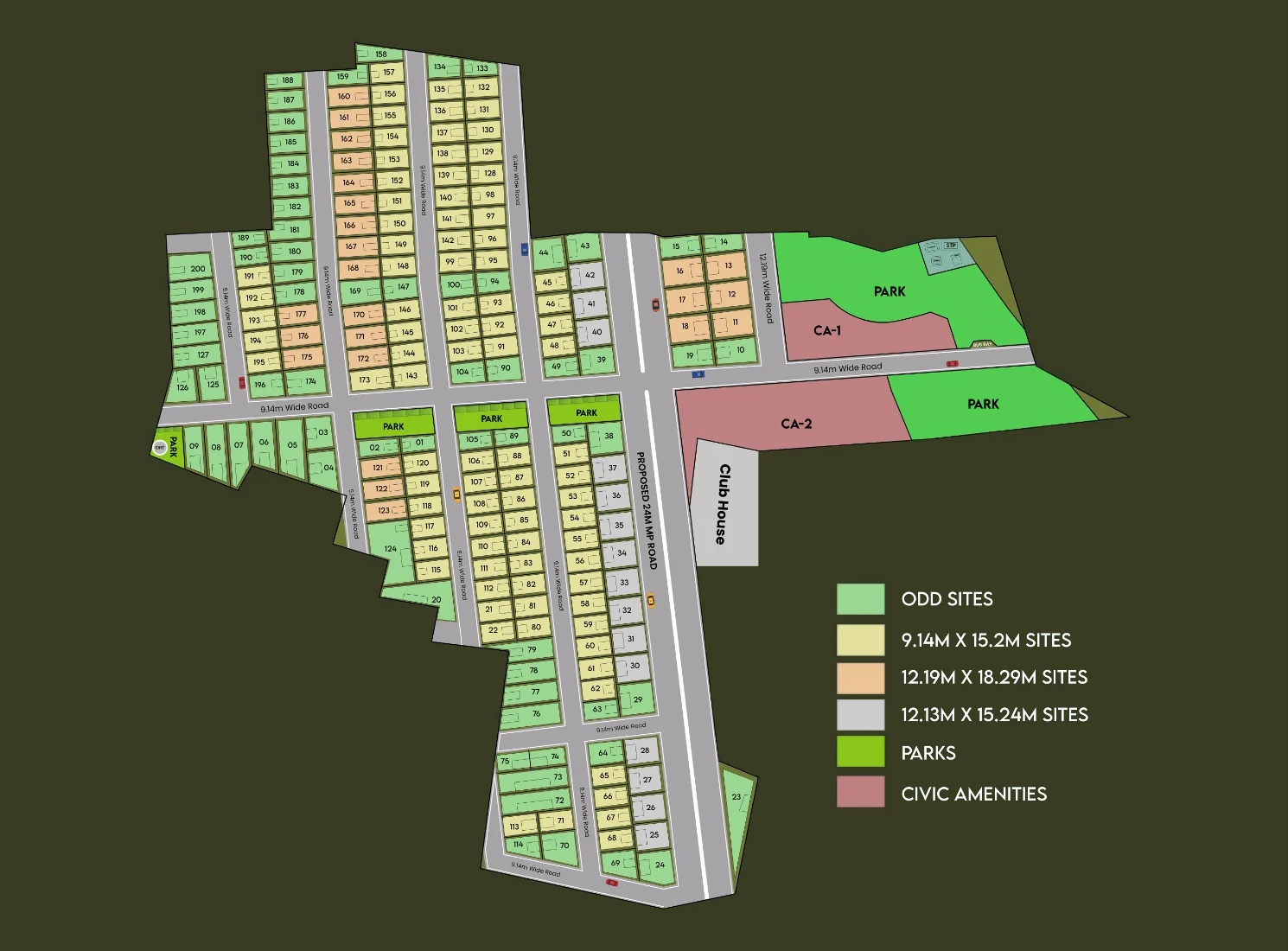 Lake Estates master plan with 200 villa plots colour-coded by size, parks, civic amenities and the clubhouse